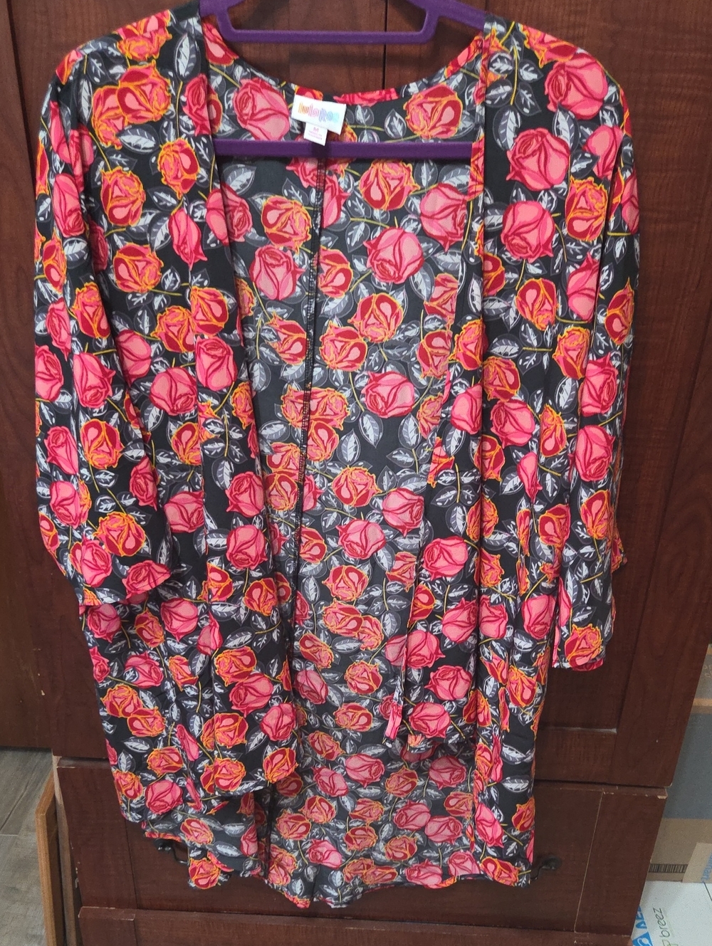 LuLaRoe Black Cardigan with Pink Rose and Yellow Accents